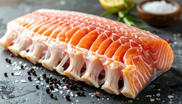 Raw fish fillet with visible bone structure for seafood processing and culinary education