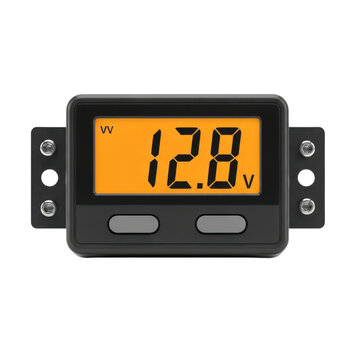 Black digital voltage meter displaying 12.8V with orange screen and mounting brackets