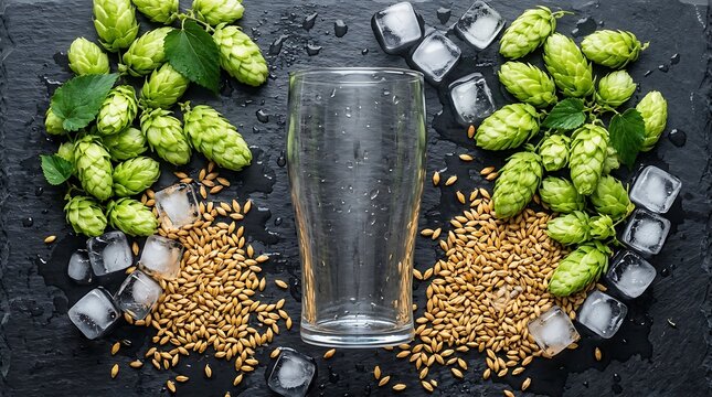 Empty beer glass surrounded by fresh green hop cones, golden barley grains, and ice cubes