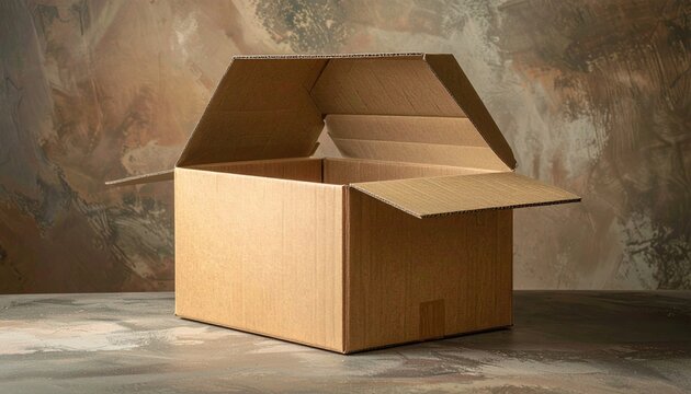 Brown corrugated cardboard box with partially open top flap representing parcel delivery and e-commerce shipping