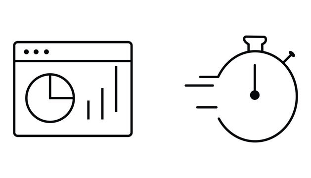 Black line icon set featuring web analytics dashboard and stopwatch for time management and performance tracking design