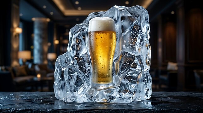 Chilled beer glass encased in large transparent ice block on dark slate bar with moody light