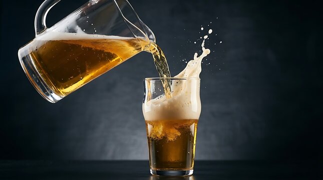 Pouring golden beer from a glass pitcher into a pint glass with a big splash and foam