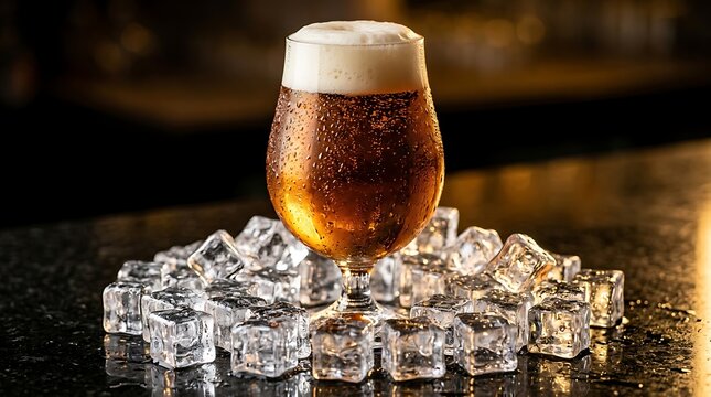 Chilled glass of cold beer surrounded by melting ice cubes on a dark bar counter background
