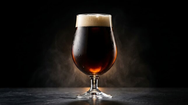 Dark stout craft beer in an elegant glass with thick foam head on a dark rustic wooden table