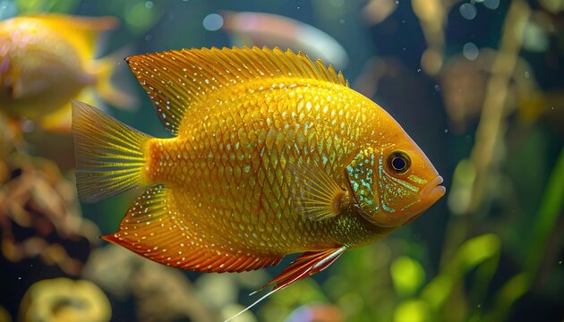 Golden honey gourami fish with intricate scales, realistic freshwater aquarium scene