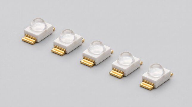 Five surface mount leds with white body and golden contacts on gray background.