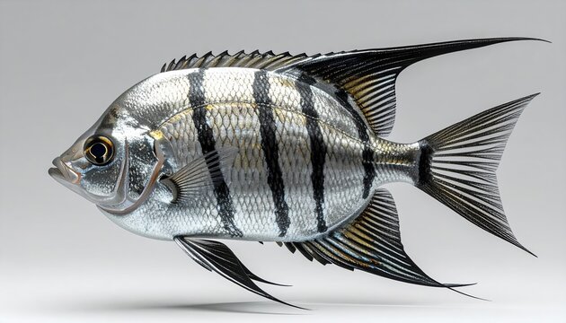 Silver angelfish with distinctive dark stripes shown in side profile