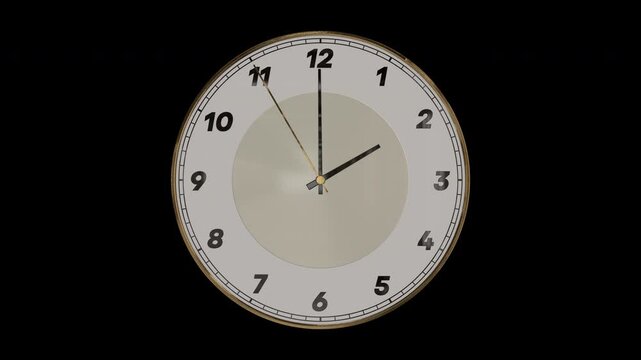 時計の針が1時59分50秒から2時00分10秒まで進む3DCG