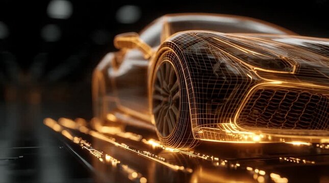 Close up front quarter side angle view of 3D wireframe sports car model with glowing orange mesh on circuit board platform (AI Generated)
