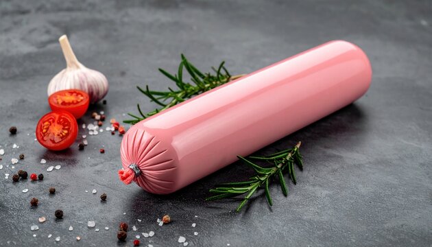 Pink sausage in casing, cylindrical processed meat product with smooth surface