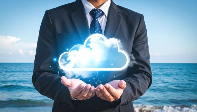 Businessman protecting cloud computing data with hands beside the ocean, digital security concept