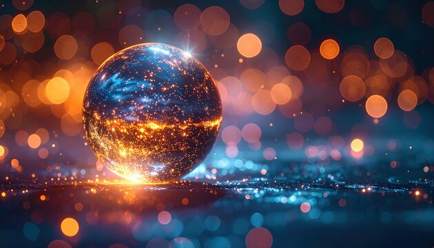 Luminous magical orb surrounded by glowing particles and bokeh, fantasy energy sphere