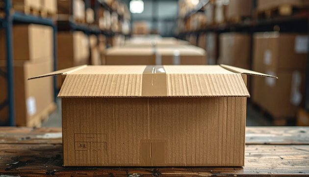 Closed cardboard box with folded flaps in a shipping and logistics setting
