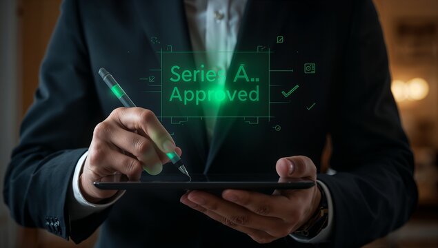 series a funding approval and venture capital due diligence system. founder cap table review platform. entrepreneur analyzing fundraising checklist and arr growth chart with stylus pen on tablet