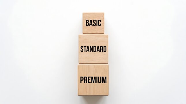 Wooden blocks with basic standard and premium text labels