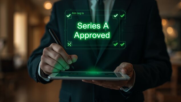 series a funding approval and venture capital due diligence system. founder cap table review platform. entrepreneur analyzing fundraising checklist and arr growth chart with stylus pen on tablet