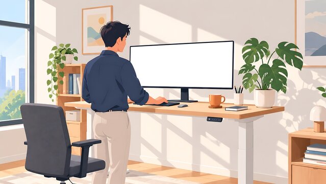 Young professional working at ergonomic standing desk with blank ultrawide monitor mockup, home office workspace illustration