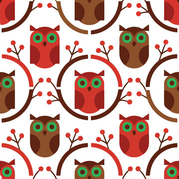Seamless pattern of stylized owls and berries