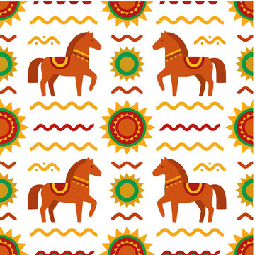 Seamless pattern with stylized horses and suns