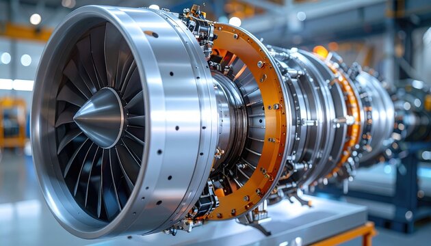 Jet engine cross section showing turbine stages and combustion chamber, aerospace engineering technology