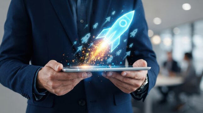 Professional man holding tablet with glowing rocket hologram indicating business acceleration and digital transformation success