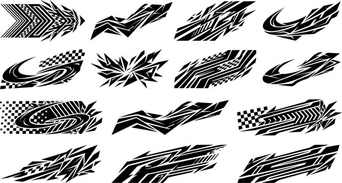 Racing car side decals vector set. Includes black tribal graphics, checkered flags, and speed stripes. Abstract vinyl sticker designs for vehicle tuning, motorsport, and auto body styling.
