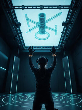 Person wearing a VR headset reaching for a glowing blue space station hologram. Futuristic indoor spacewalk training simulation. Interactive 3D virtual reality technology