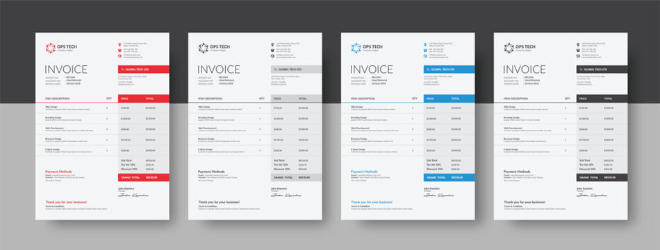 Clean invoice template design. Invoice Design Template. Simple Invoice Layout. Minimal Invoice Layout. Bill payment, Price receipt, Invoice bill, Bill Receipt and payment agreement. Invoice Set.