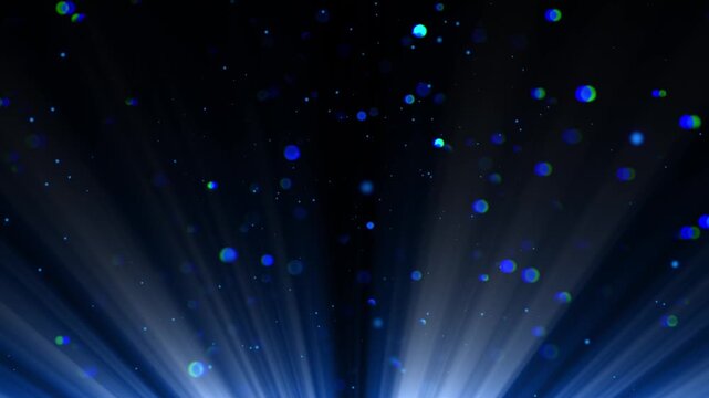 Blue Floating Particles Rising with Glowing Light Rays on Dark Background Animation