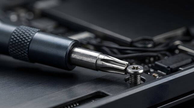 Macro extreme close up of a precision torx screwdriver tip loosening a small metal screw on dark electronic hardware circuit board, illustrating device repair, maintenance, and tech service.