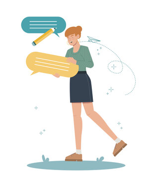 Woman holding a speech bubble with pencil and paper airplane, concept of messaging, writing, communication and online correspondence, vector illustration