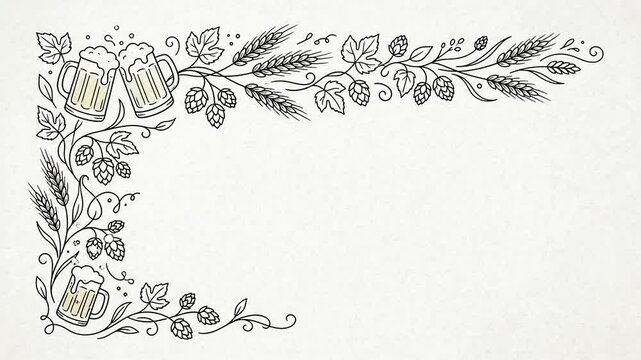 Hand drawn beer mugs and hops border animation on paper texture background