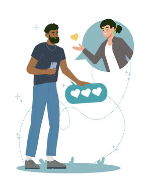 Young man using smartphone while talking with a woman in chat bubbles with heart symbols, online dating and romantic communication concept, vector illustration