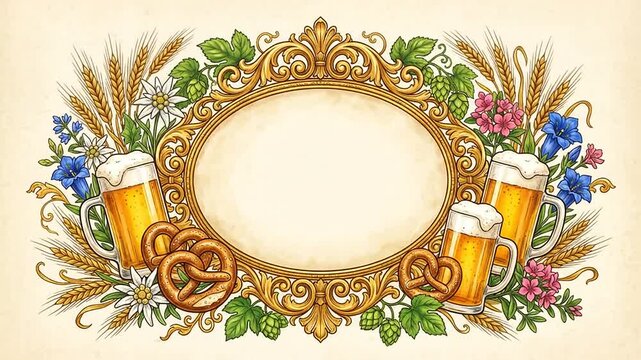 Decorative Beer and Pretzel Frame with Floral Illustrations