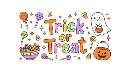 Fototapeta premium Kawaii Halloween Trick or Treat Typography with Pumpkin and Ghost