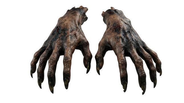 Pair of monstrous creature hands with sharp claws and dark textured skin isolated on transparent background