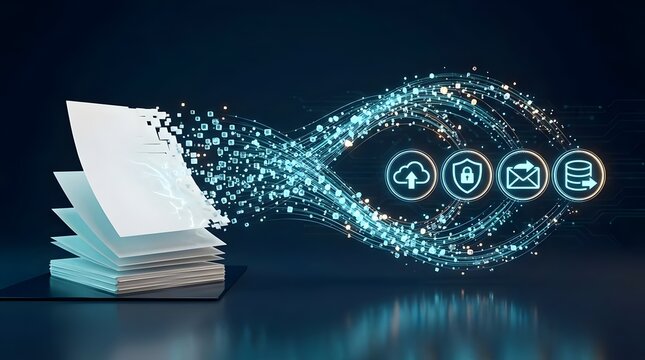 Digital transformation concept illustrating paper documents evolving into glowing data streams with cloud security and database icons for modern technology business solutions.