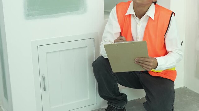 inspector or engineer is inspecting construction and quality assurance new house using a checklist. Engineers or architects or contactor work to build the house before handing it over to the homeowner