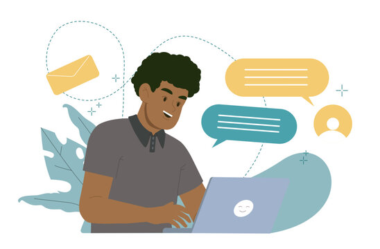 Vector illustration of a man using a laptop with chat bubbles, email and user icons, representing online communication, messaging and digital conversation