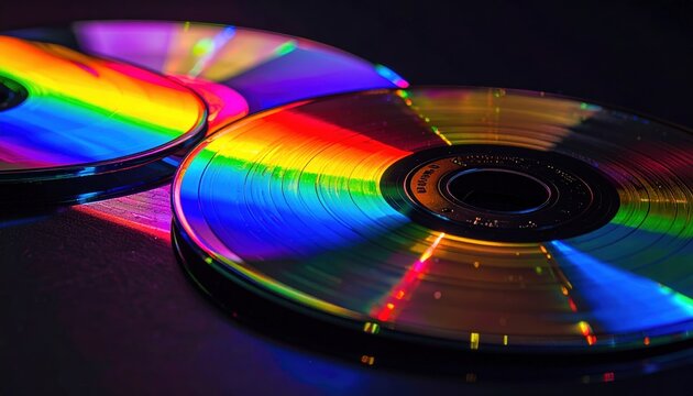 Close-up shiny compact discs reflecting vivid rainbow colors against a dark background