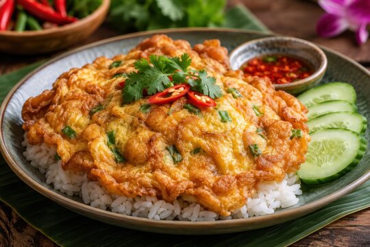 Khai Jiao, ein goldbraun gebratenes thail&auml;ndisches Omelett auf Reis, garniert mit Koriander und Chili. Beliebte Eierspeise aus Thailand, serviert mit Gurke und w&uuml;rziger Sauce.