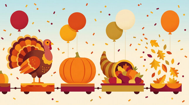 Thanksgiving parade train with turkey and pumpkin, autumn holiday celebration banner, festive fall harvest parade illustration