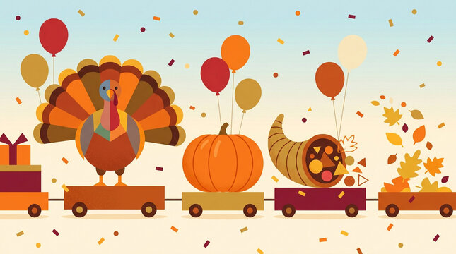 Thanksgiving parade illustration, festive holiday train with turkey and pumpkin. Autumn harvest celebration banner with cornucopia and fall leaves.