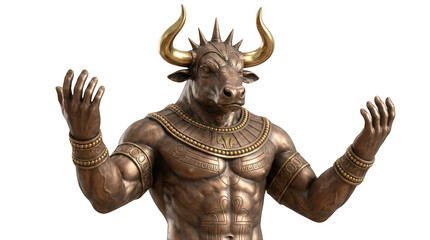 Fototapeta premium Bronze minotaur statue with golden horns isolated on transparent background