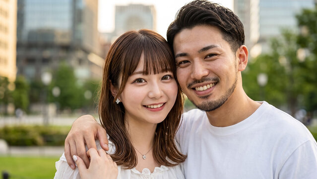 Asian couple smiling and hugging together outdoors in an urban city park during daytime.