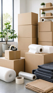 Cardboard moving boxes and packing supplies inside a new home with moving day bubble wrap packing tape relocation process house moving cardboard containers packaging materials