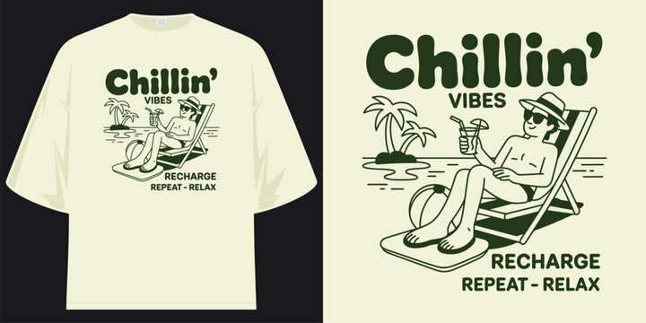 chillin vibes recharge repeat relax ultimate beach vacation summer holiday relaxation graphic tee t shirt design vector illustration artwork