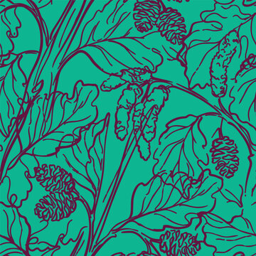 Seamless vector pattern with hand-drawn grey alder Alnus Incana leaves, catkins, and cones in line art style on a teal background.