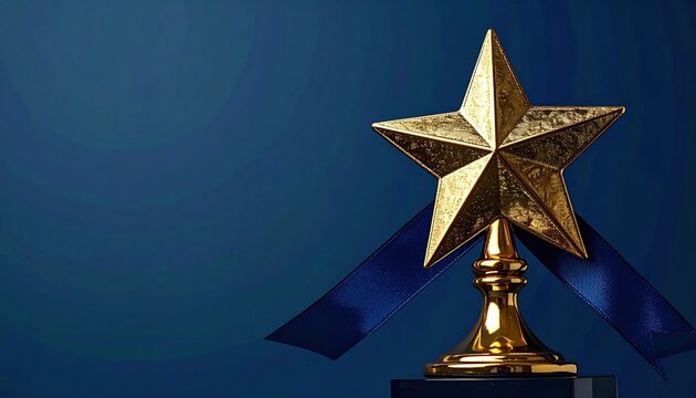 Golden star trophy with dark blue ribbon representing professional success, awards ceremonies, and career achievement